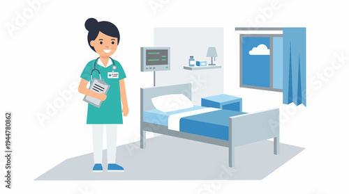 Smiling female nurse in a hospital room with an empty bed and medical equipment.