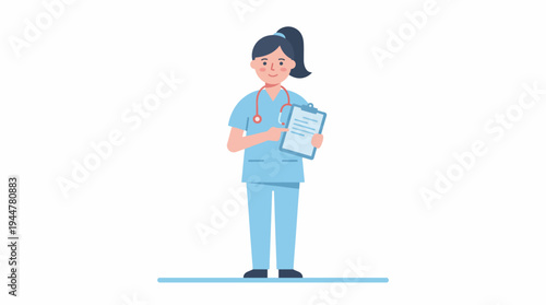 Smiling female nurse in blue scrubs holding a clipboard and stethoscope, standing on a plain white background.
