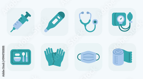 A collection of medical and healthcare icons including a syringe, thermometer, stethoscope, blood pressure monitor, surgical tray, gloves, face mask, and bandage.