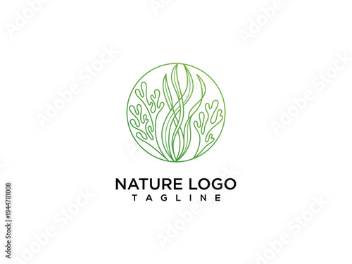 Minimalist Nature Logo Design Organic Seaweed  Aquatic Plants in Circle Eco Brand Symbol.