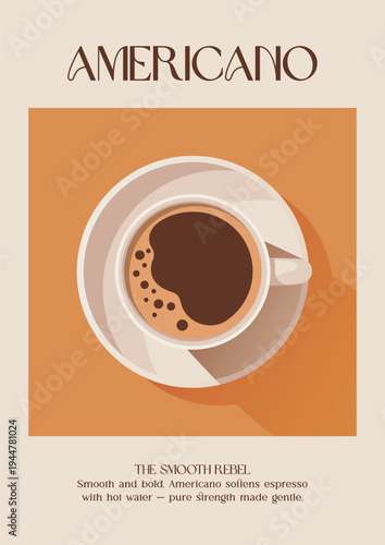 Coffee image. Modern kitchen decor. Americano caffe. Minimalist coffee art. Minimalist retro posters with drink. Colorful trendy print. Vector illustration
