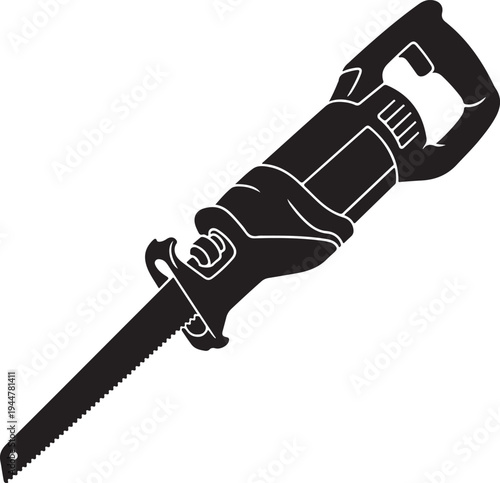 A black and white illustration of a handheld reciprocating saw tool silhouette vector icon