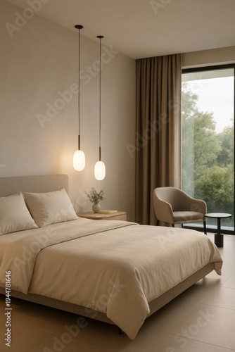 A serene modern bedroom featuring a comfortable bed, stylish armchair, warm lighting, and a large window overlooking nature. Ideal for hotel, real estate, and home decor projects.