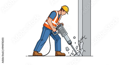 Man wearing safety gear operating jackhammer.