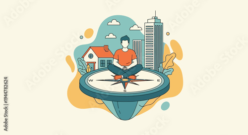 Man sitting on compass outdoors.