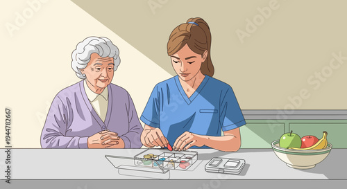 Nurse helping senior with paperwork.
