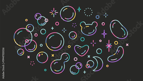 Neon rainbow soap bubbles with various shapes on dark background. Iridescent glowing spheres in circle composition. Trendy modern vector illustration