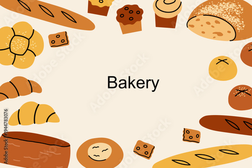 Bakery banner template. Background with bread, buns, croissant, baguette, muffins and pastry. Wheat products frame. Vector illustration for text. Design for bakery