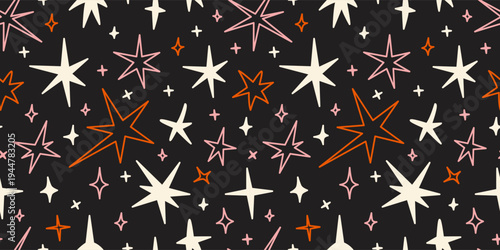 Seamless pattern with Scribble star shapes in hand drawn messy style. Playful sketchy sparkle for decorative and creative design. Trendy modern vector illustration on black background