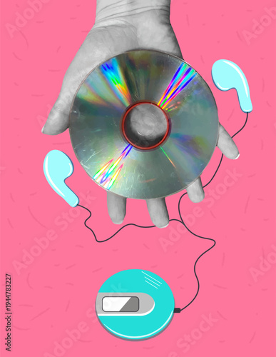 Hand holding a compact disc. CD player and wired headphones. Pink background.