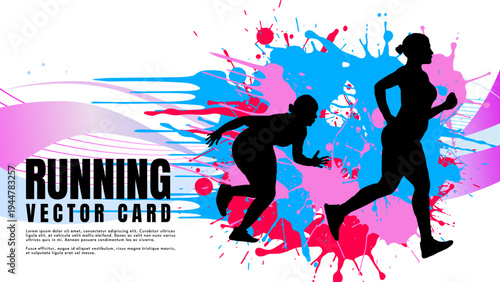 Running women silhouettes on colorful paint splash background, vector illustration