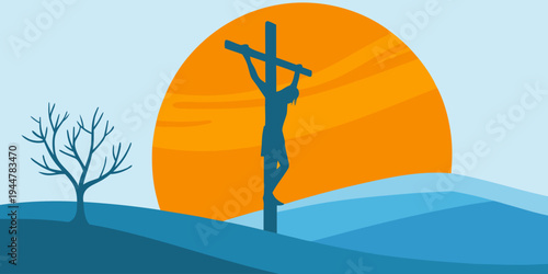 Christian religious illustration showing Jesus Christ crucifixion on cross with sunset background. Symbol of sacrifice, salvation and Easter faith message.