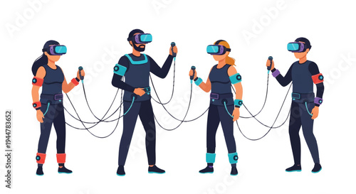 People wearing VR headsets and controllers standing in a line