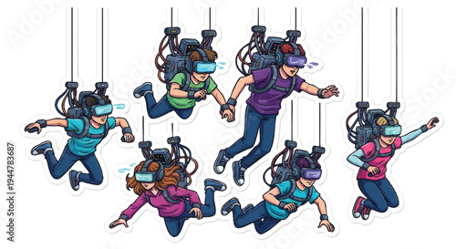 VR gamers jumping with excitement in virtual reality headsets