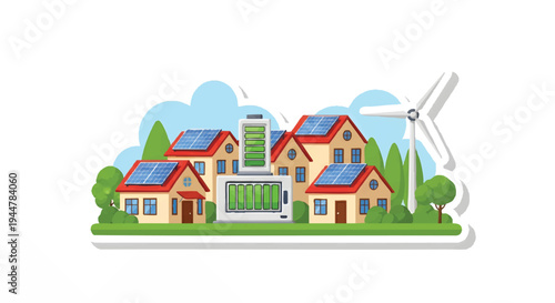 Eco friendly houses with solar panels and wind turbine