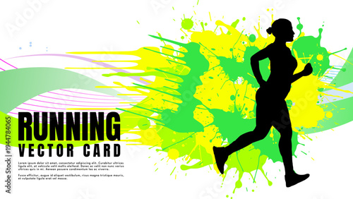 Running woman silhouette on green and yellow paint splash background, vector illustration