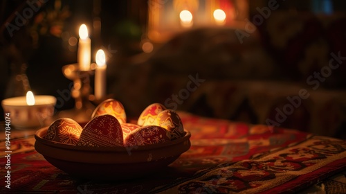 Decorated eggs arranged on patterned cloth near candles