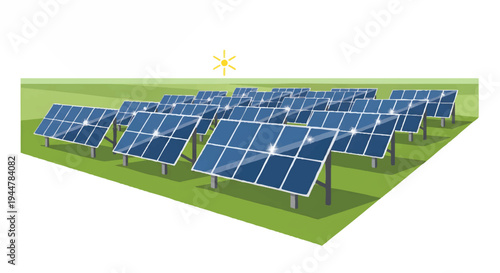 solar panels on green field with sun