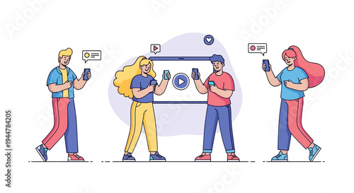 Flat vibrant trend characters of Gen Z youth interacting on social media with smartphones and a large robot in the background