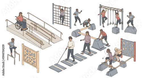 People with disabilities overcoming obstacles, accessible playground and park