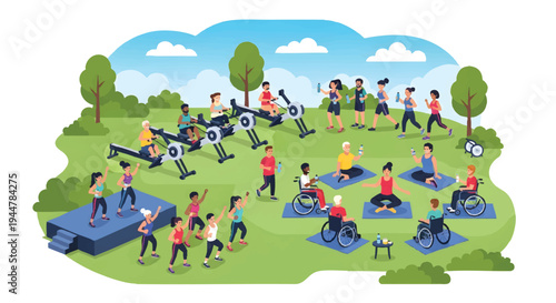 people exercising outdoors in park with bicycles and equipment