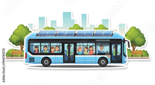 blue city bus with solar panels on roof in urban environment