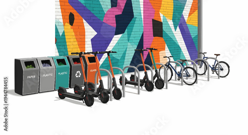 Colorful urban transportation and recycling bins on street