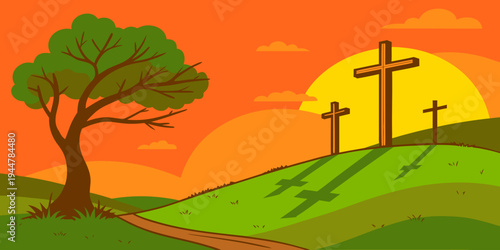 Bright Christian landscape illustration with three crosses on green hill at sunset. Symbol of Calvary and crucifixion of Jesus Christ, perfect for Easter and Good Friday themes.