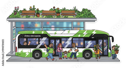 people getting on and off a green and white city bus stop with garden roof