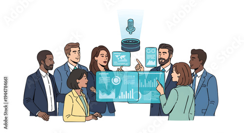 Business people discussing data on screen, teamwork and collaboration