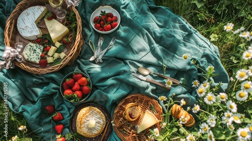 Picnic spread arranged on green meadow blanket with flowers