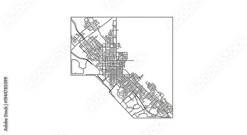 Monochrome line art map illustrating a complex network of roads and streets within a defined urban and suburban area, showing connectivity and layout.