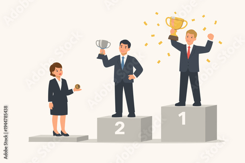 Businesswoman receiving a small coin while male colleagues celebrate with gold and silver trophies on a winner's podium, representing gender pay gap, workplace inequality, and discrimination.