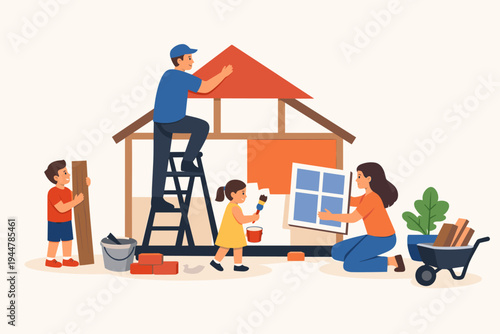 Happy Family Building a New House Together Vector Illustration. Parents and Children Working on Construction Site with Tools, Bricks, and Paint. Teamwork, Cooperation, and DIY Home Renovation Concept