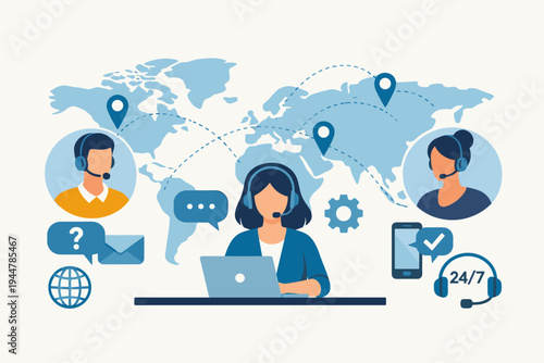 Global Customer Service Center Concept with Diverse Support Agents Wearing Headsets Providing 24/7 Technical Assistance and Online Help to Clients Worldwide via Laptop and Phone Flat Illustration