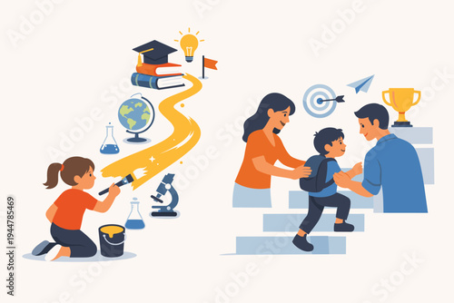Flat vector illustration of a girl painting her own educational journey with science and art tools while a boy is helped by parents to climb stairs toward success, a trophy, and academic goals.