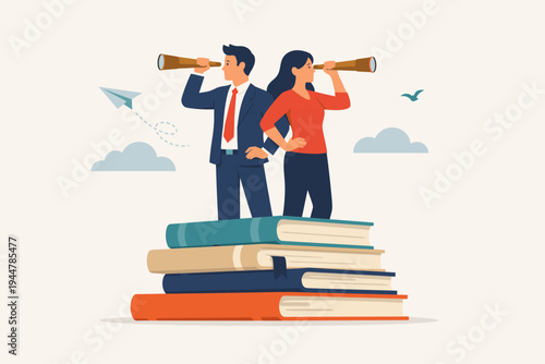 Business Man and Woman Standing on a Stack of Books Looking Through Spyglasses in Opposite Directions for Vision, Future Planning, Career Growth, Education, Research, and Strategy Concept Vector