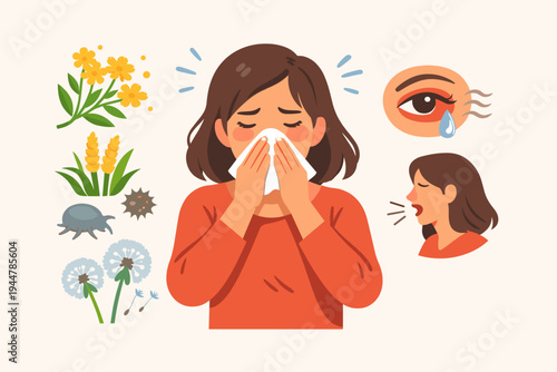 Flat Vector Illustration of a Woman Suffering from Seasonal Allergy Symptoms like Sneezing, Runny Nose, and Watery Eyes with Common Allergens such as Pollen, Dust Mites, and Dandelion Flowers.