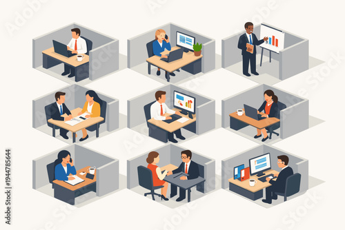 Isometric Vector Illustration of Businesspeople Working in Office Cubicles, Professional Corporate Workspace with Employees at Desks, Meetings, Presentations, and Technology in a Flat Design.