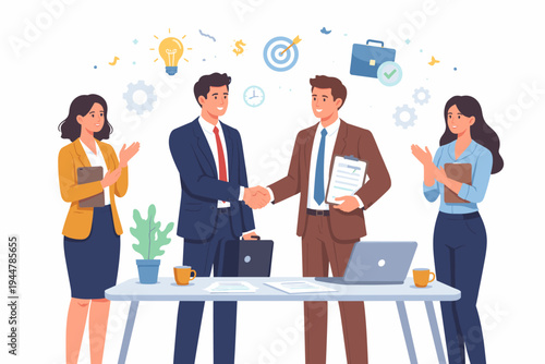 Successful business negotiation and partnership concept with two businessmen shaking hands over a desk in office. Colleagues clapping for achievement, agreement, and professional teamwork.