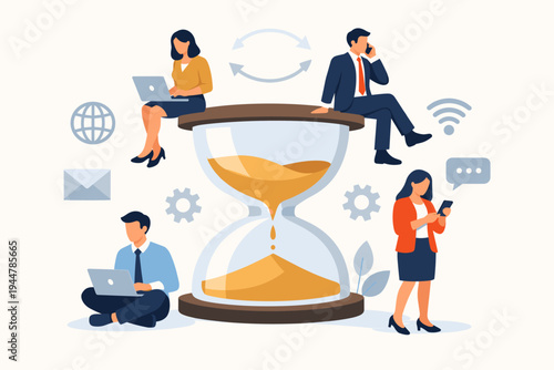 Businesspeople Working Online with Laptops and Smartphones Around a Large Hourglass, Concept of Time Management, Productivity, Global Communication, and Meeting Deadlines, Flat Vector Design
