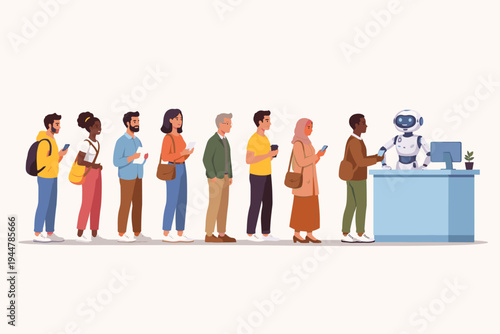 Diverse people waiting in a long queue to be served by a robot assistant at a service counter, flat vector illustration of future technology, automation, and AI customer service and efficiency.