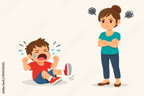 Vector Illustration of a Naughty Little Boy Crying and Having a Temper Tantrum on the Floor While His Disgruntled Young Mother Stands with Arms Crossed Looking Angry, Stressed, and Frustrated.