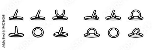 Collection of various industrial hook and loop fastener icons on circular bases for hardware and construction design projects