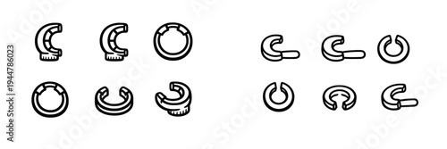 Set of mechanical retaining rings and circlip icons for industrial engineering and hardware design projects