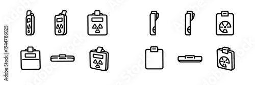Set of radiation dosimeter and personal monitoring badge icons for nuclear safety and radiation protection monitoring