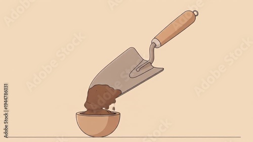 A trowel pours dirt into a bowl, all depicted in a simplistic cartoon style