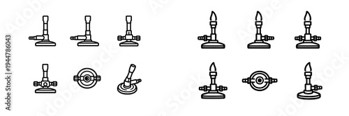 Bunsen burner line icons for laboratory equipment and chemistry experiments showing gas burner with flame and without flame from different