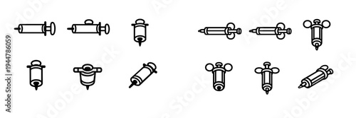 Collection of medical syringe and injection needle icons in various styles and angles for healthcare and clinical design projects
