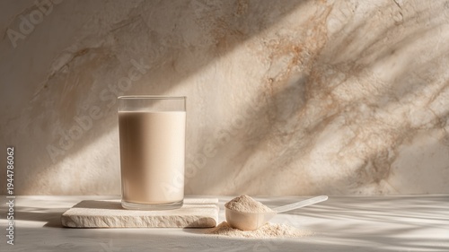 Stylish whey mass gainer protein shake with powder scoop on marble, perfect for promoting fitness nutrition and modern healthy lifestyle products